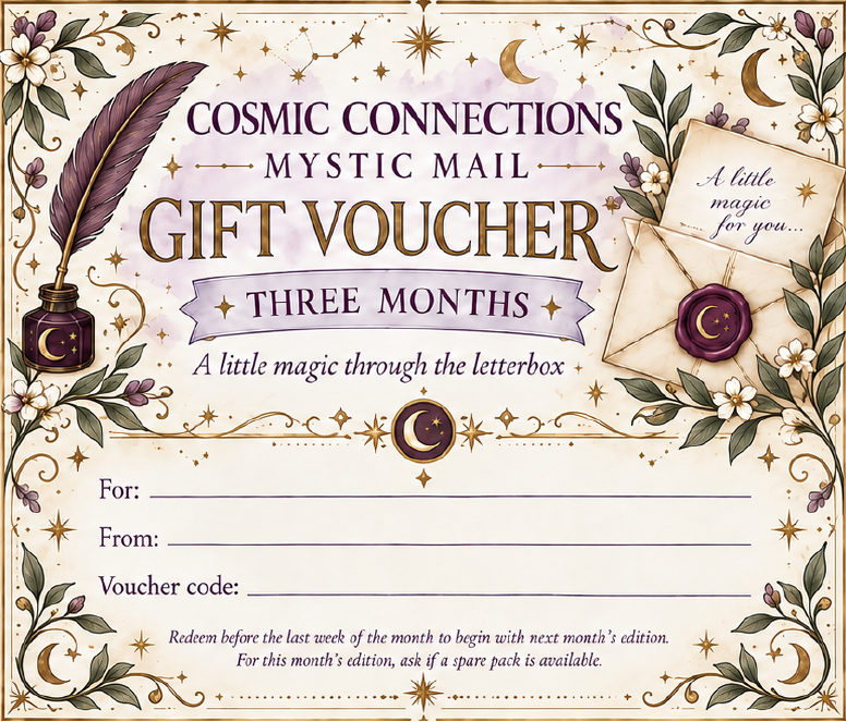 Three month Mystic Mail gift voucher with a quill, flowers, stars and wax seal